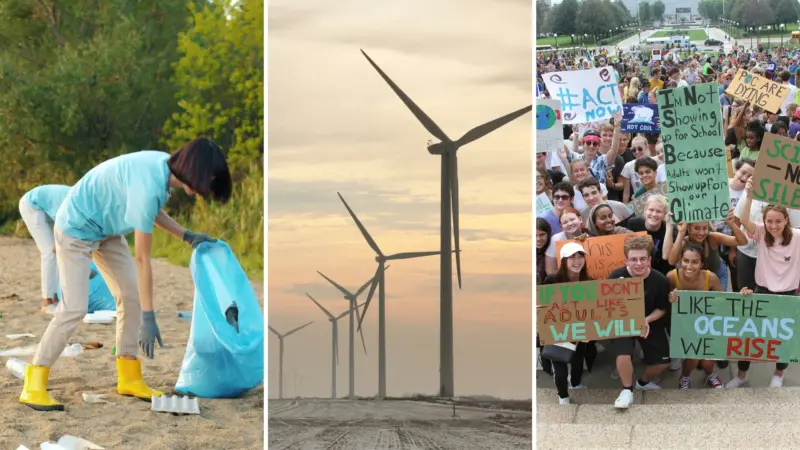 Imagen cortesía de Sydney Allen vía Canva Pro. Izquierda: mujer participan en campaña de limpieza de playas. Al centro: aerogeneradores. Derecha: protestantes ambientales jóvenes. Imagen vía Rawpixel (CC0 1.0).